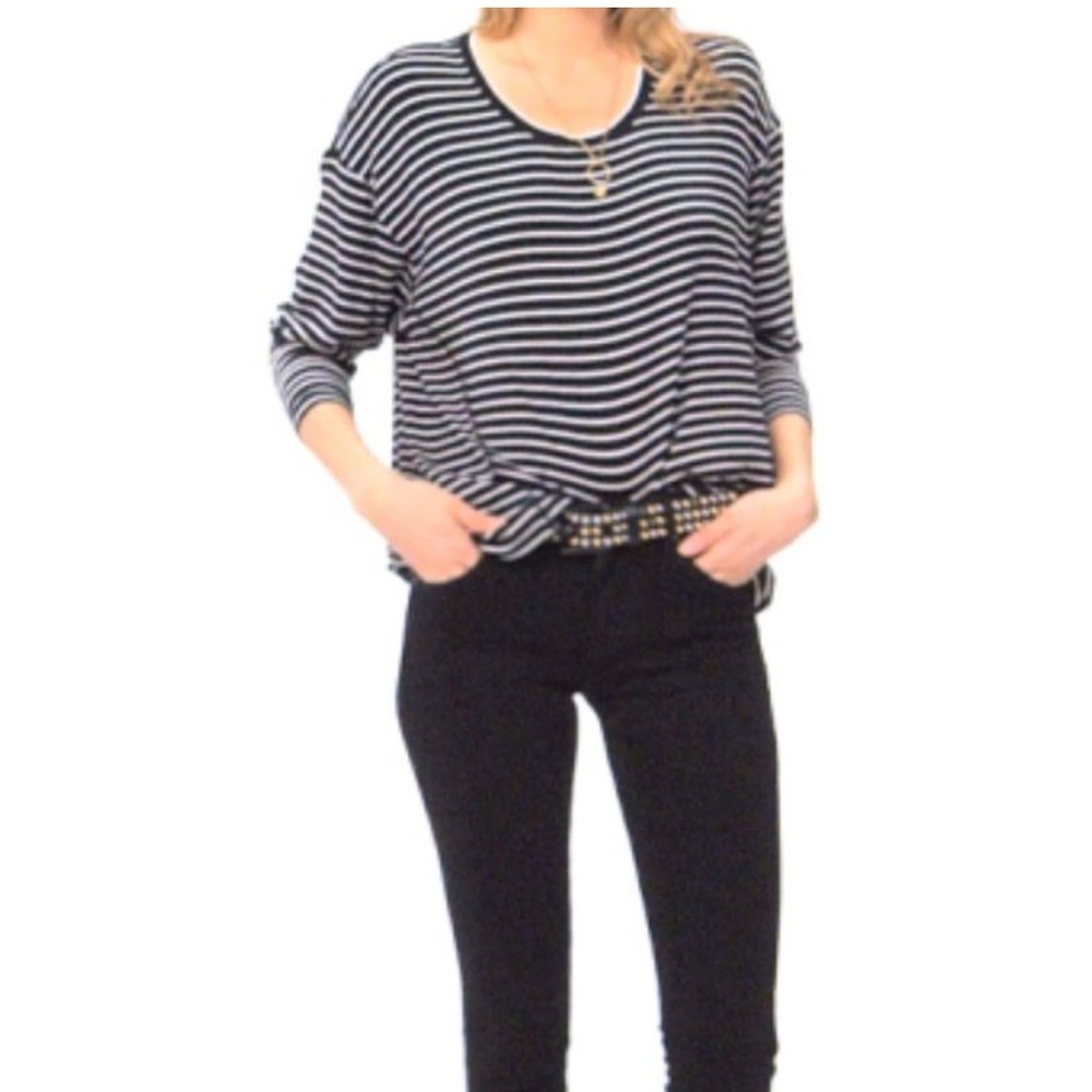 CAbi Crosswalk Tee – Black & White Striped Long Sleeve (Size XL)